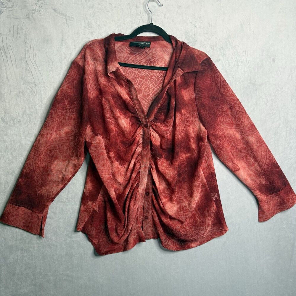 Woven Red Ruched Button-Front Women's Top